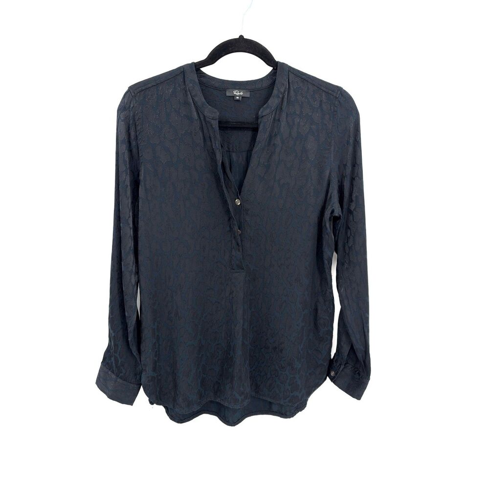 RAILS Pearl Onyx Leopard Jacquard Henley Blouse Black Long Sleeve Tunic Size XS